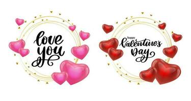 San Valentín día antecedentes con mano hecho letras y 3d rojo corazones en blanco. contento San Valentín día - escrito letras citar valores ilustración vector