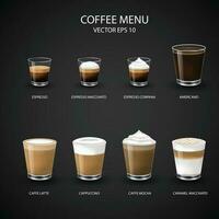 Hot coffee menu in glass cup from espresso machine for coffee shop, vector