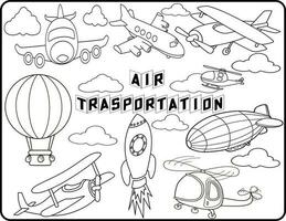 Air transport is set to be colored. coloring book to educate kids. Learn colors. visual educational game. Easy kid gaming and primary education simple level of difficulty. Coloring worksheet pages. vector