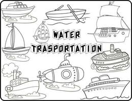 Water transport is set to be colored. coloring book to educate kids. Learn colors. visual educational game. Easy kid gaming and primary education simple level of difficulty. Coloring worksheet pages. vector