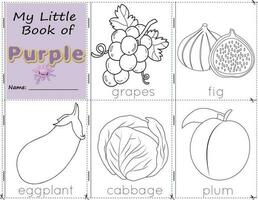 My Little Book of Purple Color objects purple to paint them as they are in real life. Education worksheet for children.  grapes, figs, eggplant, cabbage, and pulm vector