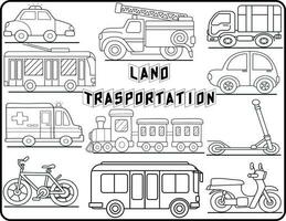 Land Transport is set to be colored. coloring book to educate kids. Learn colors. visual educational game. Easy kid gaming and primary education simple level of difficulty. Coloring worksheet pages. vector