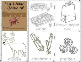 My Little Book of Brown Color objects brown to paint them as they are in real life. education activities worksheet for children. wood, brown paper bag, moose, cinnamon, and snickers vector