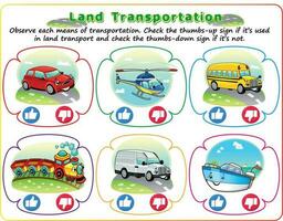 Logic land transportation worksheet, children's educational game. Choose the correct sign. activity worksheet for smart kids. vector