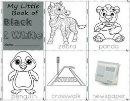 My Little Book of Black and White Color objects black and white to paint them as they are in real life. education activities worksheet for children.zebra, panda, penguin, crosswalk, and newspaper vector