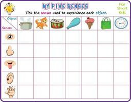 Logic educational science printable worksheet for smart kids to analyze which of the five senses could be used in recognizing the objects in the pictures and tick the appropriate senses vector