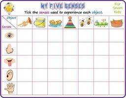 Logic educational science printable worksheet for smart kids to analyze which of the five senses could be used in recognizing the objects in the pictures and tick the appropriate senses vector