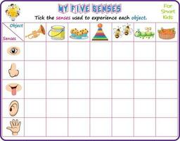 Logic educational science printable worksheet for smart kids to analyze which of the five senses could be used in recognizing the objects in the pictures and tick the appropriate senses vector