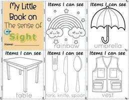 My Little Book on the sense of sight items I can see to color them as they are in real life. education activities worksheet for children. rainbow, umbrella, table, fork, knife, spoon, and vest vector