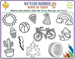 A logical printable science worksheet to help kids identify things in their environments they can touch, Color the objects that they can touch for kindergarten vector