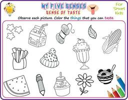 A logical printable science worksheet to help kids identify things in their environments they can taste, Color the objects that they can taste vector