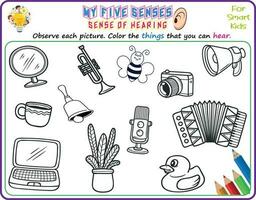 A logical printable science worksheet to help kids identify things in their environments they can hear, Color the objects that they can hear for kindergarten vector