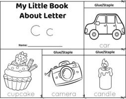 Logical printable worksheet alphabet beginning sounds flip book in black and white.Letter C. Trace words for pictures.  cupcake, camera, car, candle vector