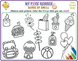 A logical printable science worksheet to help kids identify things in their environments they can smell, Color the objects that they can smell for kindergarten vector