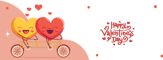 Lycklig hjärtans dag baner design med glad hjärta par karaktär ridning på tandem cykel. png