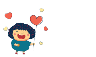 Doodle Style Cheerful Girl Standing With Heart Shape Balloons. png