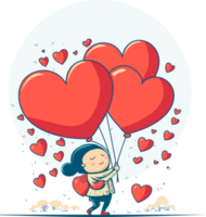 linda pequeño niña personaje participación corazones globos en naturaleza árbol paisaje. amor o San Valentín día concepto. png