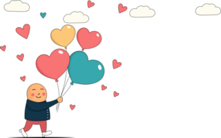 Walking Cute Boy With Heart Shapes Balloons With Clouds And Copy Space.  Love Or Valentine Concept. png