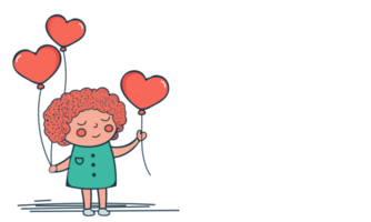Doddle Style Cute Little Girl Holding Hearts Balloons. png
