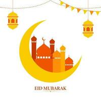 Islamic festival Eid Mubarak concept with crescent moon, colorful mosque, hanging lanterns on white background. vector