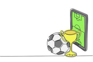 Single continuous line drawing football field on screen smartphone with soccer cup and football ball. Mobile football soccer. Mobile sports play match. One line draw graphic design vector illustration