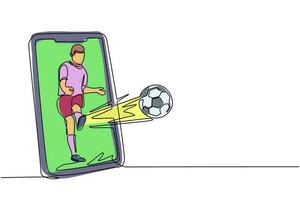Single one line drawing soccer player kicks soccer ball out of smartphone screen. Smartphone with app soccer football. Mobile sports stream championship to play. Continuous line draw design vector
