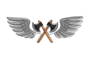 Single one line drawing two crossed axes fly with wings. Equipment for lumberjack or firefighter. Winged two crossed axes logo with elegant outspread wings for logo. Continuous line draw design vector