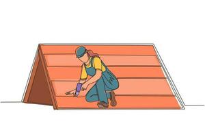 Continuous one line drawing roofer installing wooden or bitumen shingle. Roofer woman fixing house roof with electric screwdriver. Repairwoman worker repair occupation. Single line draw design vector