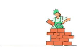 Continuous one line drawing repairwoman building brick wall. Construction worker in uniform and helmet doing work. Builder concept. Repair work services. Single line draw design vector illustration