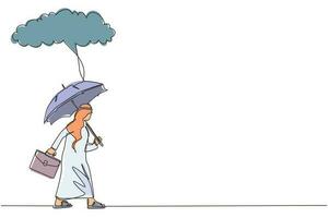 hombre de negocios árabe de dibujo de una sola línea con maletín y paragüero bajo la nube de lluvia. depresión, transeúnte en tiempo lluvioso. hombre empapado, vierte agua del cielo. vector de diseño de línea continua