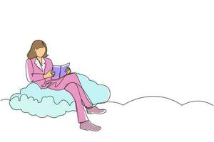 Single continuous line drawing woman sitting on cloud reading book. Businesswoman. Teacher. Marketer. Director. Chief. Financier. Higher education. Career growth. One line draw graphic design vector