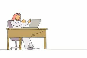 Single one line drawing Arab businessman giving good sign in front of computer. Male manager operating PC while doing thumbs-up sign. Happy employee concept. Continuous line draw design graphic vector