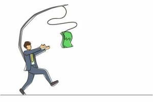 Single one line drawing greedy businessman or manager is running after money. Greedy man in business suit with attached rod and dollar. Modern continuous line draw design graphic vector illustration