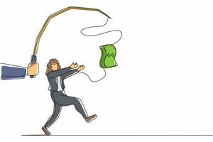 Single one line drawing hand with fishing pole and dollar cash control greedy businesswoman under hypnosis. Woman running after dangling dollar, trying to catch it. Continuous line draw design vector
