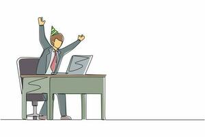 Single one line drawing success in work, winning online, technology concept. Businessman stands in office with hand raised opposite computer screen celebrating success. Continuous line design vector