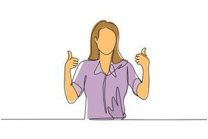 Single one line drawing confident businesswoman thumbs up. Excited female dressed in casual wear showing thumbs up sign. Deal, like, agree, approve, accept. Continuous line draw design graphic vector