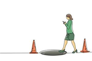Single continuous line drawing businesswoman character going on street watching by smart phone, did not see open manhole. Woman walks to business trap. One line draw graphic design vector illustration