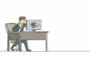 Continuous one line drawing angry businessman breaks his laptop computer hitting it with clenched fist sitting at desk. Frustrated man worker punching hole in pc screen. Single line draw design vector