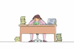 Single continuous line drawing stressed businesswoman throwing tantrum in office holding her hands to his head shouting while seated at a desk surrounded by files. One line draw graphic design vector