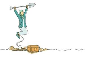 una sola línea continua dibujando a una mujer de negocios árabe en un agujero saltando alegremente mientras levanta una pala con ambas manos, encontrando un cofre del tesoro. mujer rica afortunada. vector de diseño gráfico de dibujo dinámico de una línea