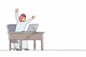 Continuous one line drawing winning online working technology concept. Arabic businessman stands in office with hand raised opposite computer screen celebrating success. Single line draw design vector