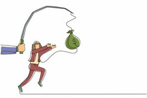 Single continuous line drawing hand with fishing pole and money bag control greedy businesswoman under hypnosis. Woman running after dangling money bag, trying to catch it. One line draw design vector