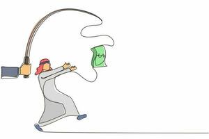 Continuous one line drawing hand with fishing pole and dollar cash control greedy Arab businessman under hypnosis. Man running after dangling dollar, trying to catch it. Single line draw design vector