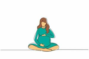 Continuous one line drawing happy young pregnant woman sitting with crossed legs at home and looking at her belly. Future mom expecting baby caressing her tummy. Single line draw design vector graphic