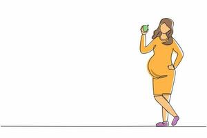 Single continuous line drawing happy beautiful pregnant woman holding green apple. Pregnancy and motherhood concept eating healthy fresh fruit food. One line draw graphic design vector illustration