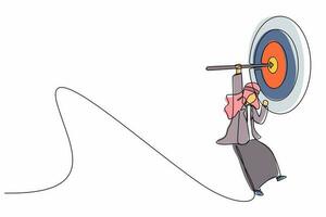 Single continuous line drawing Arabian businessman hanging arrow on target, business success concept. Businessman hanging on bow at center of target. One line draw graphic design vector illustration