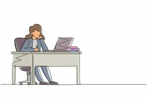 Single continuous line drawing businesswoman writing sitting in front of laptop at table. Female studying and writing in notebook, at desk in front of computer. One line draw graphic design vector