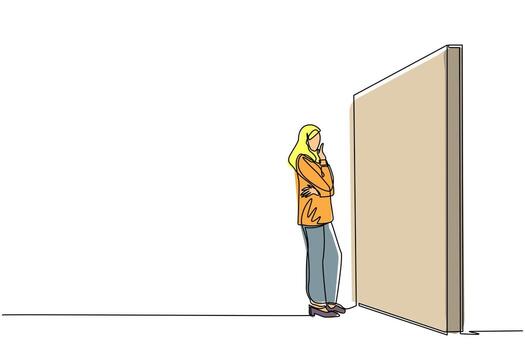 una sola línea dibujando a una mujer de negocios árabe pensando frente a un gran obstáculo o pared. que representa la gestión de riesgos. encontrar solución y concepto de resolución de problemas. vector de diseño de dibujo de línea continua