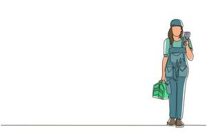 Single one line drawing woman plumber holding wrench and tools box in hands stands isolated. Professional servicewoman character in uniform ready for work. Continuous line draw design graphic vector