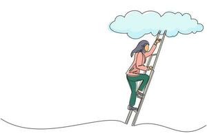 Continuous one line drawing Arab businesswoman climbing up career ladder to cloud. Successful rising business development. Professional growth promotion. Single line design vector graphic illustration